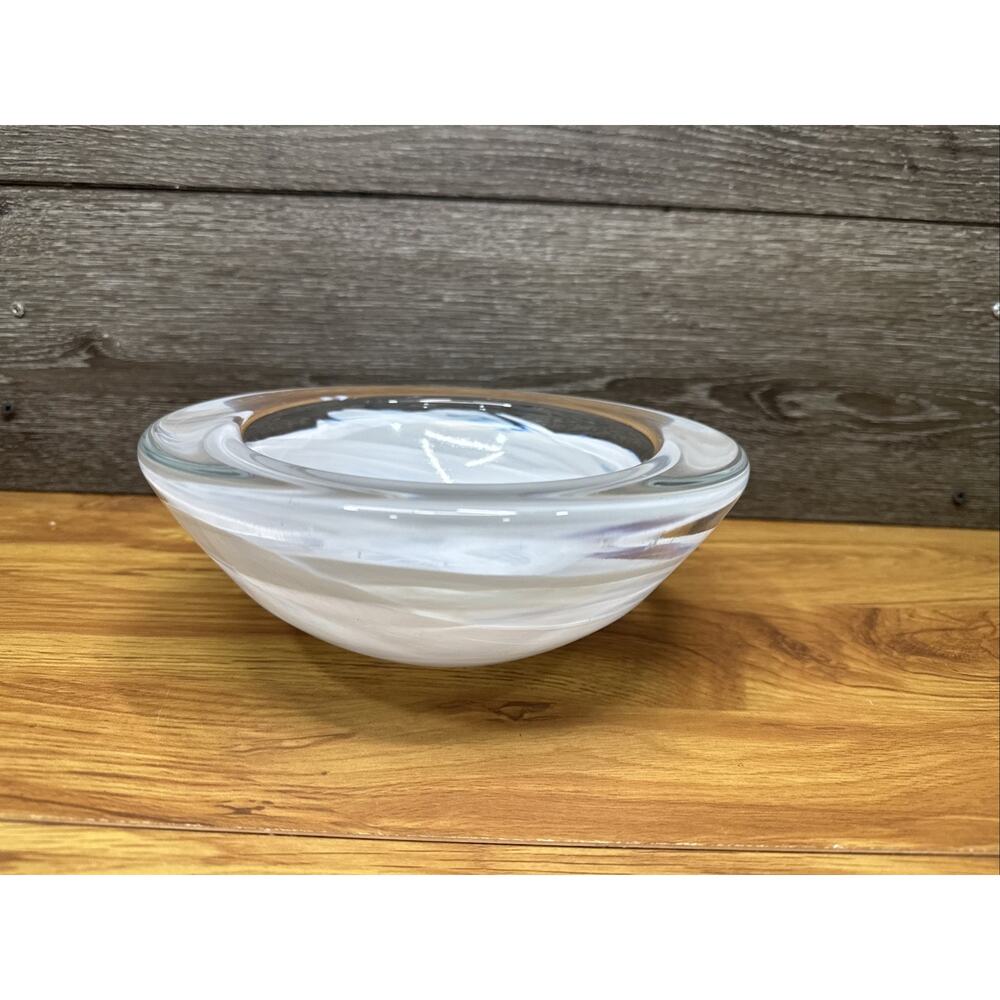 Kosta Boda Atoll White Swirl Art Glass Bowl 8.5”by Anna Ehrner Sweden Heavy